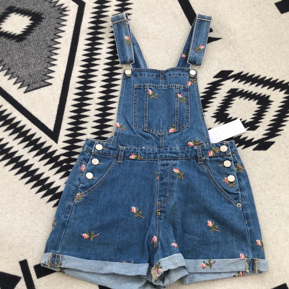 Sage the Label Embroidered Overall Shorts NWT